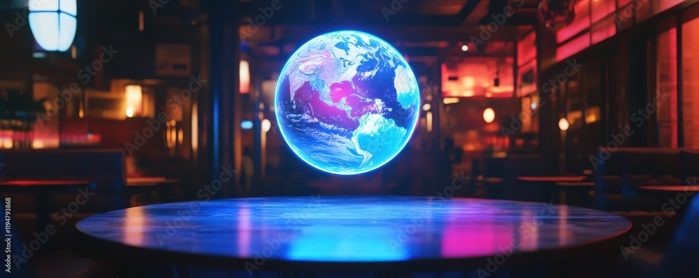 Fototapeta premium A glowing 3D hologram of Earth floating above a futuristic table, 4k photo.