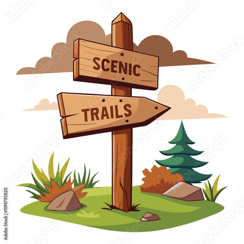 Cartoon signpost for scenic trails, vector art, perfect for nature-themed posters