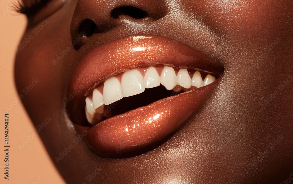 Naklejka premium A vibrant smile with glossy lips and impeccable teeth, captured on a beige background