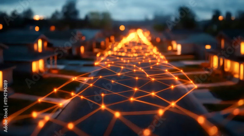 A network of glowing connections weaving through a suburban landscape at dusk.