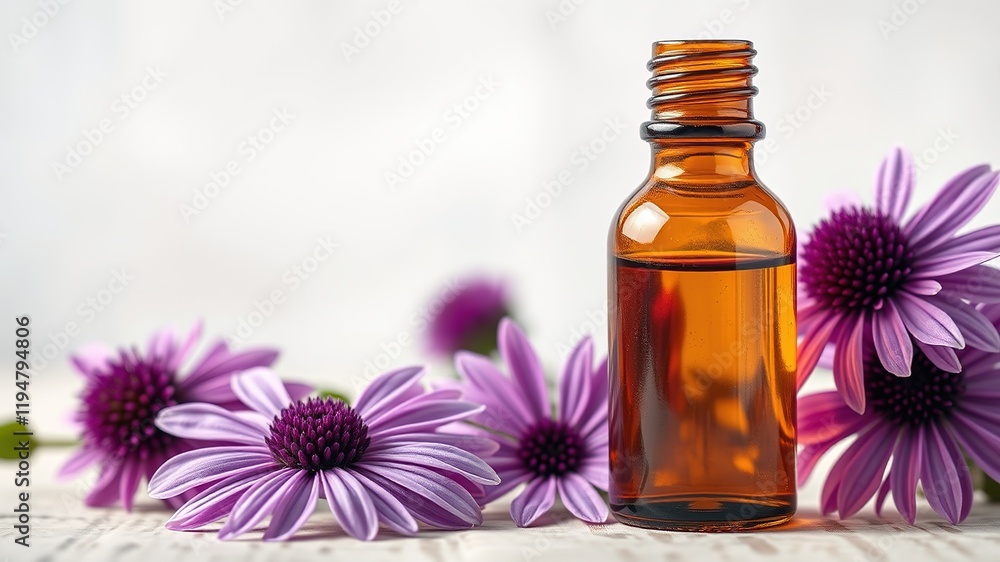 Brown Essential Oil Bottle with Purple Echinacea - Aromatherapy Photorealistic Brown Essential Oil Bottle with Purple Echinacea - Aromatherapy Photorealistic