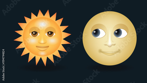 Sun with smiling face and full moon face vector emoji illustration isolated on dark background