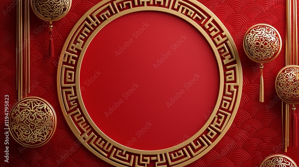 Elegant Red Background with Circular Frame and Decorative Elements Elegant Red Background with Circular Frame and Decorative Elements
