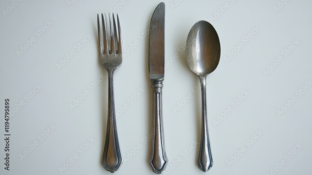 Silverware Set Including Fork, Knife, and Spoon on White Background Silverware Set Including Fork, Knife, and Spoon on White Background