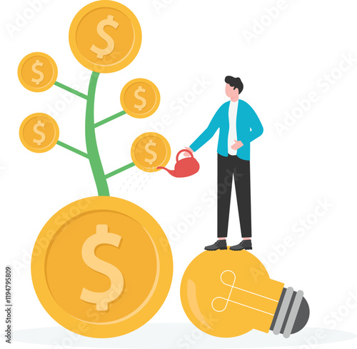 Man watering dollar sign plant as investment concept. Money growth, investment profit growth or retirement pension fund,
