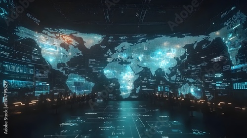 A wide shot of a control room with multiple screens displaying global communication coverage maps, showcasing the vast network infrastructure and strong signal coverage in different regions 