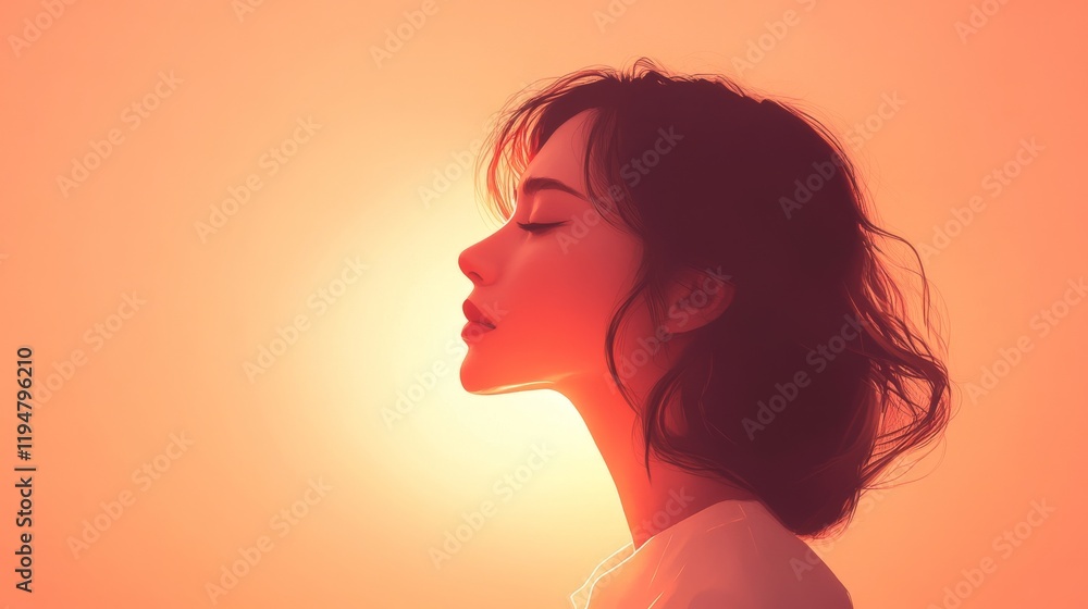 Woman Silhouetted Against a Warm Sunset Glow Woman Silhouetted Against a Warm Sunset Glow