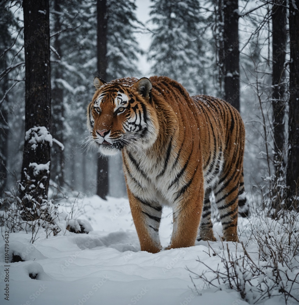 A Siberian tiger trekking through snowy forests in Russia. A Siberian tiger trekking through snowy forests in Russia.