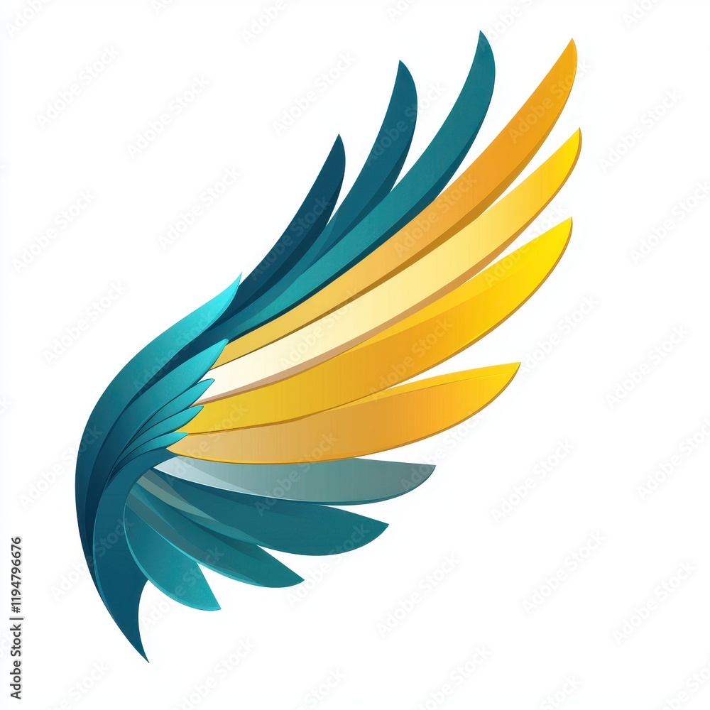 Abstract Teal and Yellow Wing Design with Symmetrical Gradient Feathers on White Background Abstract Teal and Yellow Wing Design with Symmetrical Gradient Feathers on White Background