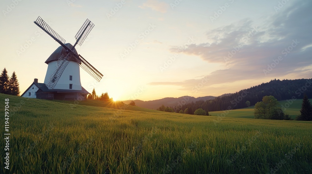 Fototapeta premium Sunset over Rural Windmill Landscape