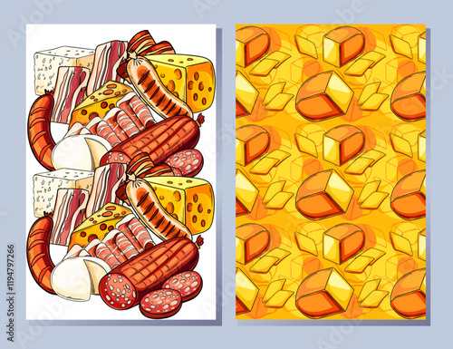 Decorative food layouts featuring sausage platters, cheeses, and bread. Perfect for food promotions or party catering designs. Vector illustration.