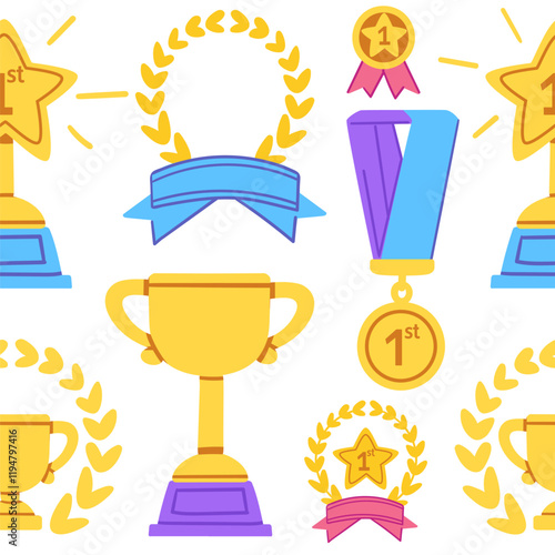 Golden trophies, medals, and laurels in a bright decorative layout. Great for awards, competitions, or celebratory visuals. Vector illustration