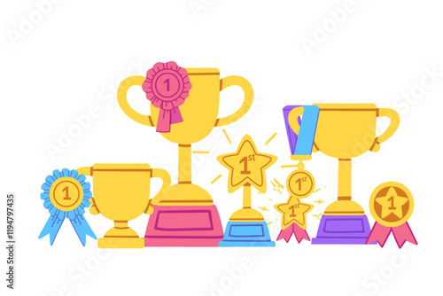 Array of trophies and medals with colorful ribbons and stars. Ideal for celebratory designs or achievement visuals. Vector illustration