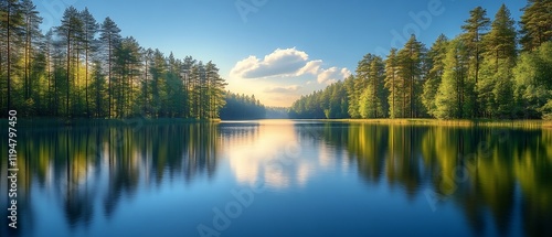 Fototapeta Naklejka Na Ścianę i Meble -  Serene lake reflecting trees and sky.