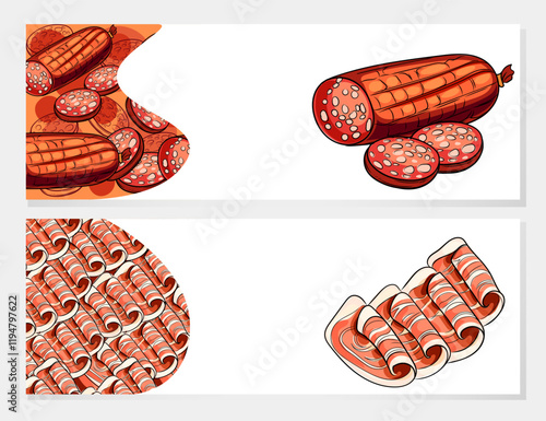 Assorted meat and sausages, including salami and bacon, arranged in rows and a circular frame. Ideal for deli advertising or food-related designs. Vector illustration.