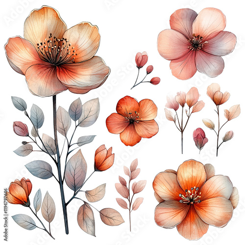 Watercolor floral elements in shades of peach and gray. painterly flowers and stems.