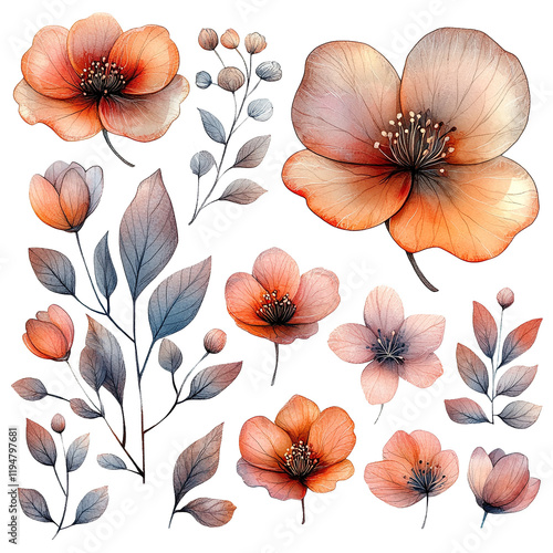 Watercolor floral elements in shades of peach and gray. painterly flowers and stems.