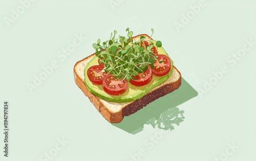 A toast topped with smashed avocado, cherry tomatoes, and microgreens on a light pastel green backdrop photo