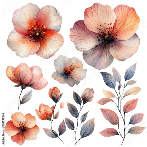 Watercolor floral elements in shades of peach and gray. painterly flowers and stems.
