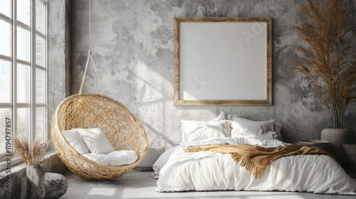 Cozy Modern Bedroom with Woven Chair and Neutral Color Palette