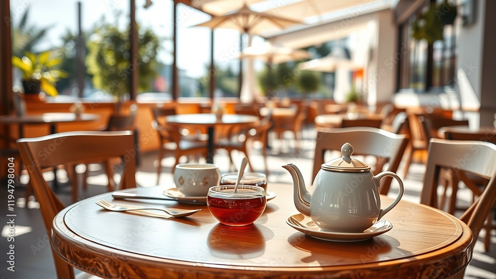 Empty Cafe Chairs, Summer Sunlight, Sunny Day, Restaurant Tableware Empty Cafe Chairs, Summer Sunlight, Sunny Day, Restaurant Tableware