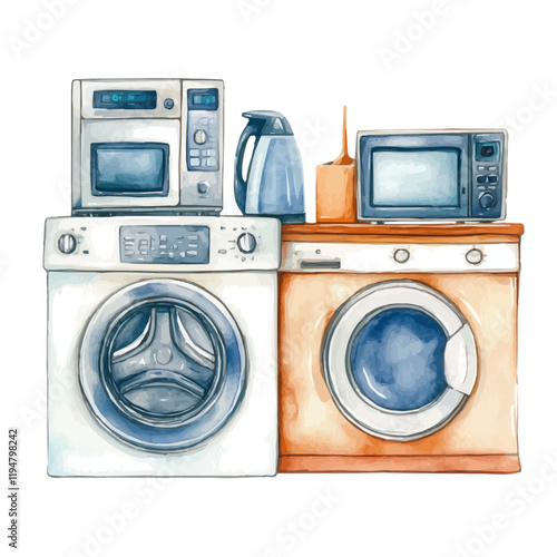 A watercolor painting of smart appliances, isolated on a white background. Smart appliances vector.
