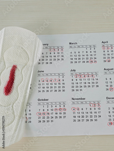 Calendar marked with important dates and a menstrual pad on a wooden table photo