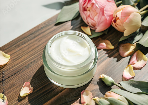 Cosmetic products and blossom flowers on studio pack shot. Beauty skincare product. A luxurious face mask or moisturizer jar on a wooden podium plank with a bouquet of peonies photo