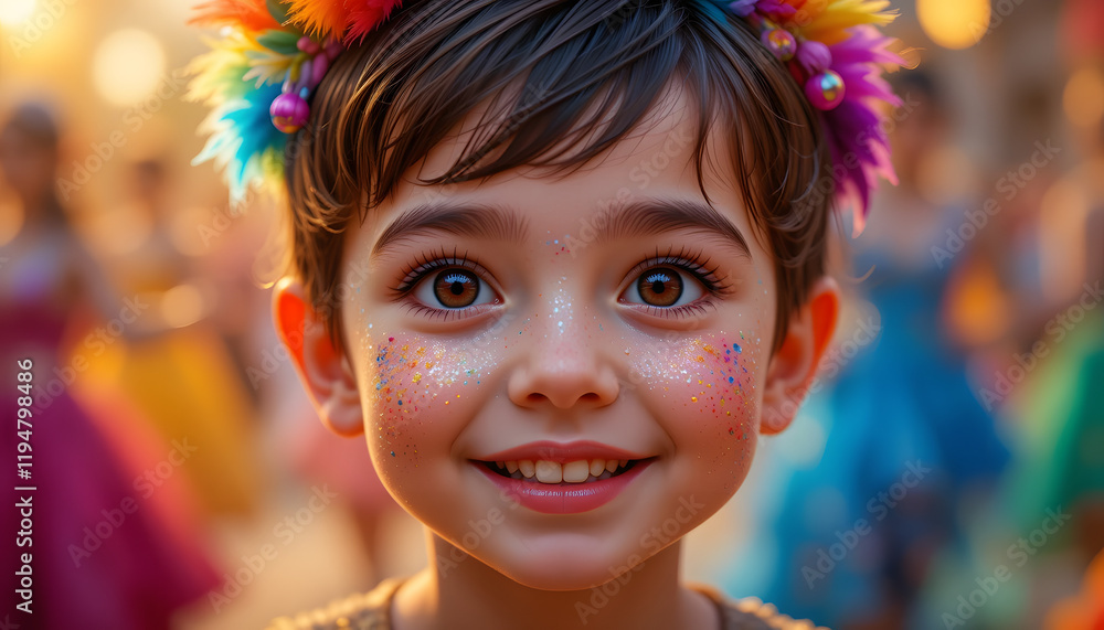 Close-up portrait of a smiling young child wearing a colorful flower crown and glitter makeup on their face, possibly at a festival or celebration, with blurred figures in the background Close-up portrait of a smiling young child wearing a colorful flower crown and glitter makeup on their face, possibly at a festival or celebration, with blurred figures in the background