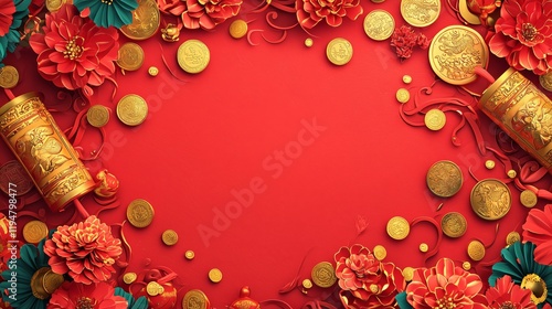 Festive Red Background with Flowers and Decorative Gold Coins