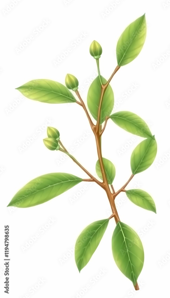 Green Branch with Buds on White Background Green Branch with Buds on White Background