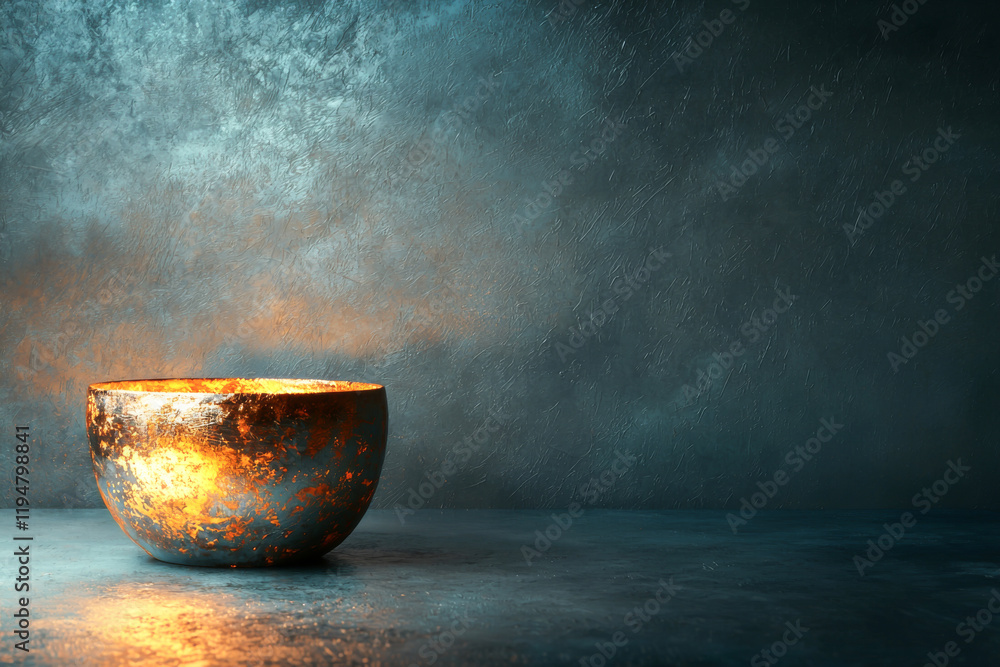 A serene and atmospheric image of a glowing bowl against a textured backdrop. A serene and atmospheric image of a glowing bowl against a textured backdrop.
