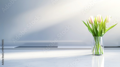 A serene arrangement of fresh tulips in a glass vase, glowing in soft natural light.