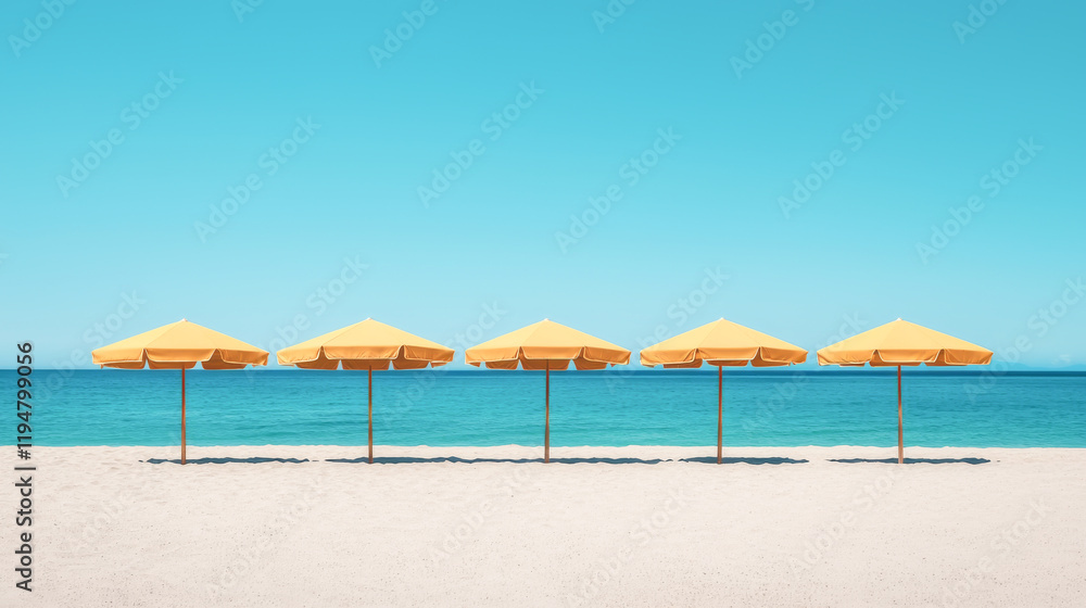 A serene beach scene with yellow umbrellas lining the shoreline under a clear blue sky. A serene beach scene with yellow umbrellas lining the shoreline under a clear blue sky.