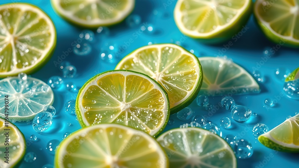 Fresh Lime Slices with Bubbles - Blue Background - Refreshing Photo Fresh Lime Slices with Bubbles - Blue Background - Refreshing Photo