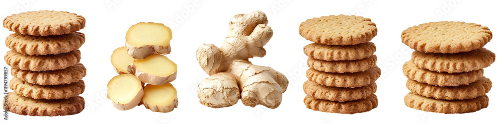 Ginger Cookies & Fresh Ginger Root Isolated on White Background Ginger Cookies & Fresh Ginger Root Isolated on White Background
