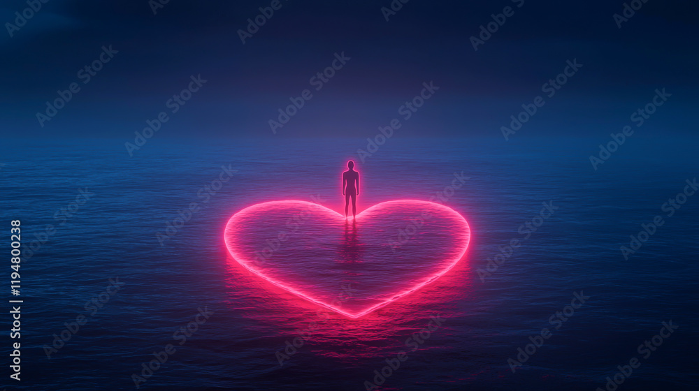 A serene figure stands in a glowing heart shape over dark waters, symbolizing love. A serene figure stands in a glowing heart shape over dark waters, symbolizing love.