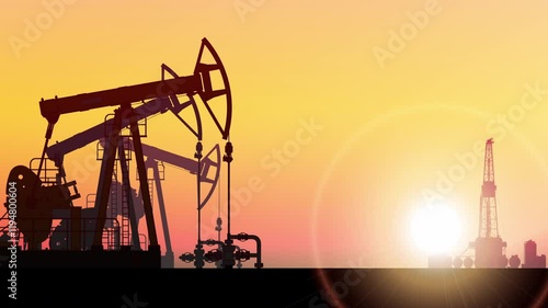 Pump jack. Land crude oil drilling rig, derrick. Oil field, pumpjack. Looped animation. Background sunset sky. Onshore production industry. Business. Silhouette, horizon desert sun. Seamless loop