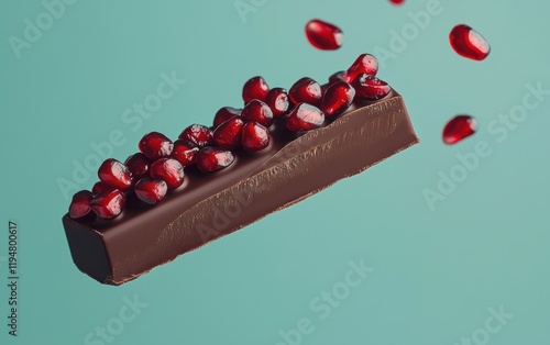 Dark chocolate bar with pomegranate arils embedded, hovering against a soft teal backdrop photo