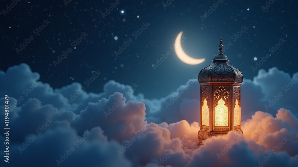 Fototapeta premium Ornate Arabic lantern crescent moon starry night sky