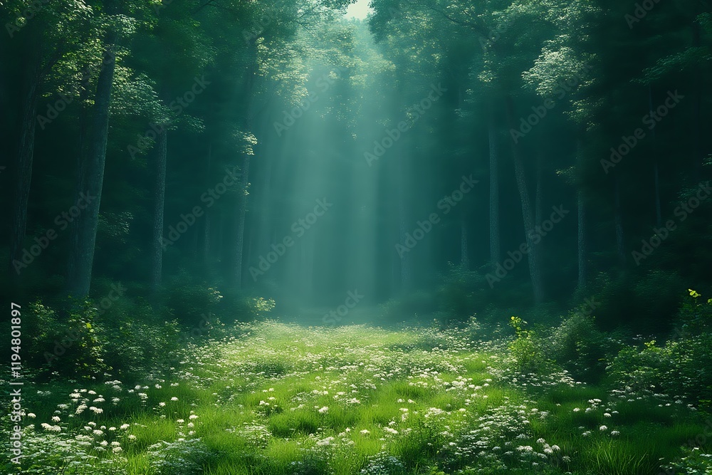 Fototapeta premium Sunbeams illuminating a mystical forest path.