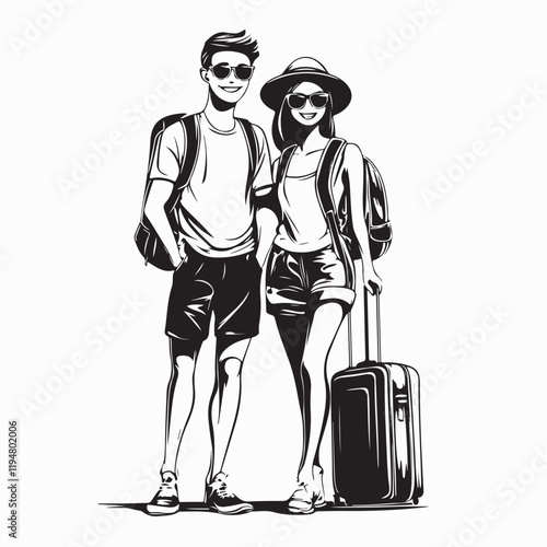 Happy young couple traveling with suitcase bags image vector isolated on white background.