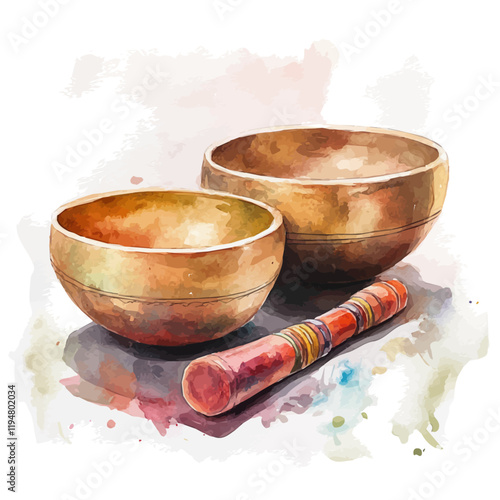 A watercolor painting of singing bowls, isolated on a white background. Singing bowls vector.
