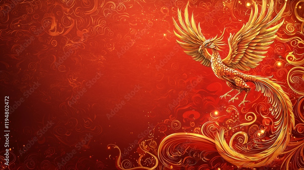 Fiery Phoenix Rising Against Vibrant Red Background in Illustration Fiery Phoenix Rising Against Vibrant Red Background in Illustration
