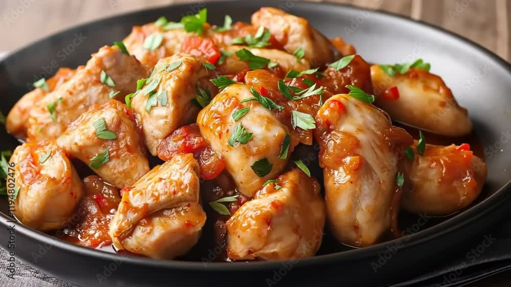 A plate of chicken with a sauce and parsley on top A plate of chicken with a sauce and parsley on top