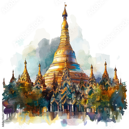 A watercolor drawing of Shwedagon Pagoda, isolated on a white background. Shwedagon Pagoda vector.
