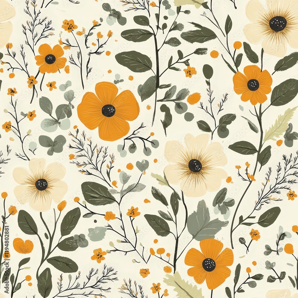 Soft Floral Botanical Pattern Featuring Leaf Elements in a Seamless Design with Warm Tones and Delicate Details