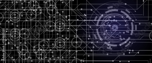High-tech digital wallpaper with a complex circuit design in blue tones