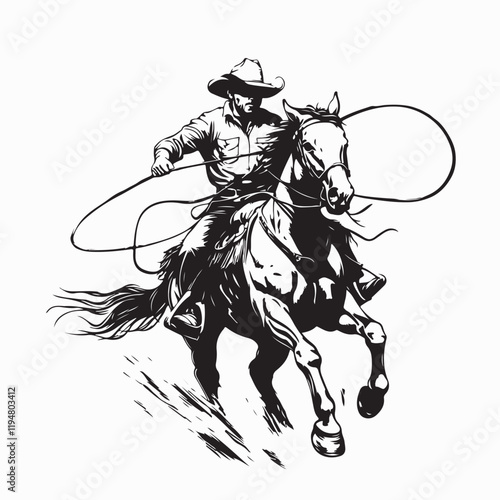 Cowboy rides a horse and throws a lasso image vector isolated on white background.