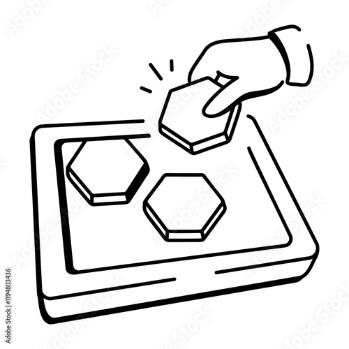 Puzzle board game with hexagon pieces, doodle icon
